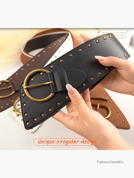 Wide Waist Belt with Rivet-Studded Faux Leather Gold Pin Buckle Dress Accessory main image 6